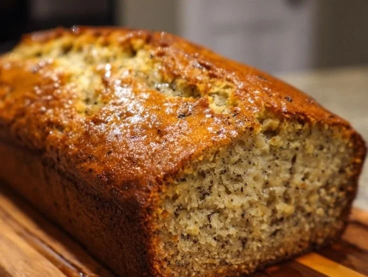 Slice of moist banana bread on a wooden table