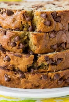 Easy banana bread with chocolate chips, freshly baked and sliced.