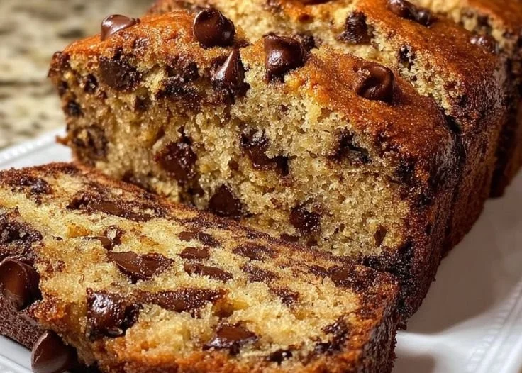 Deliciously moist chocolate chip banana bread fresh out of the oven.