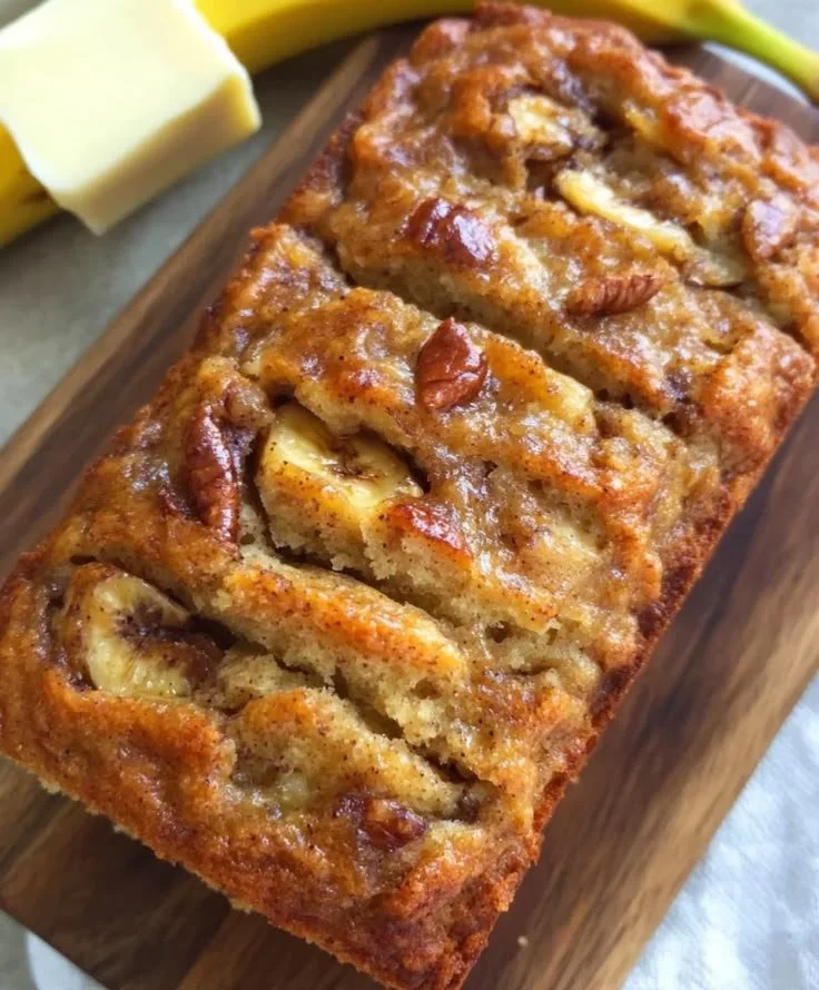Loaf of the world's best banana bread on a wooden table.