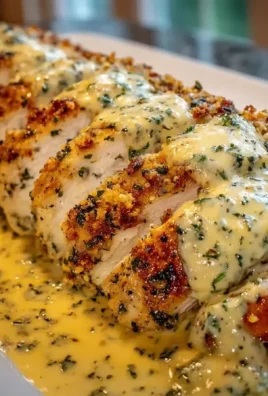 Baked Caesar Chicken garnished with creamy Parmesan sauce on a rustic plate