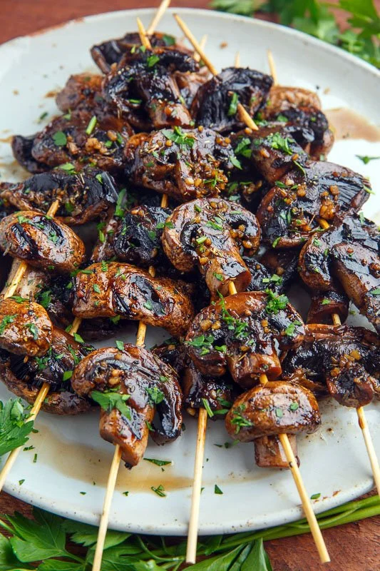 Delicious balsamic garlic grilled mushroom skewers ready for the barbecue