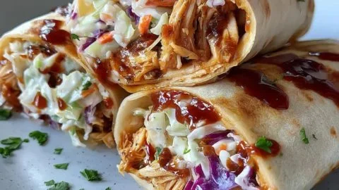 BBQ Chicken Coleslaw Wraps served on a plate with fresh ingredients