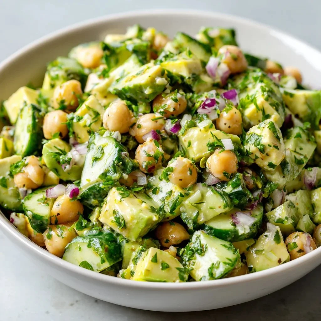 Chickpea avocado cucumber salad with lemon dressing in a bowl.