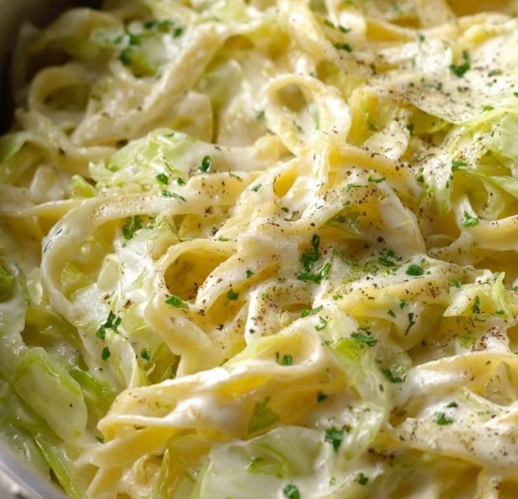 Plate of creamy Alfredo cabbage pasta garnished with herbs and grated cheese.