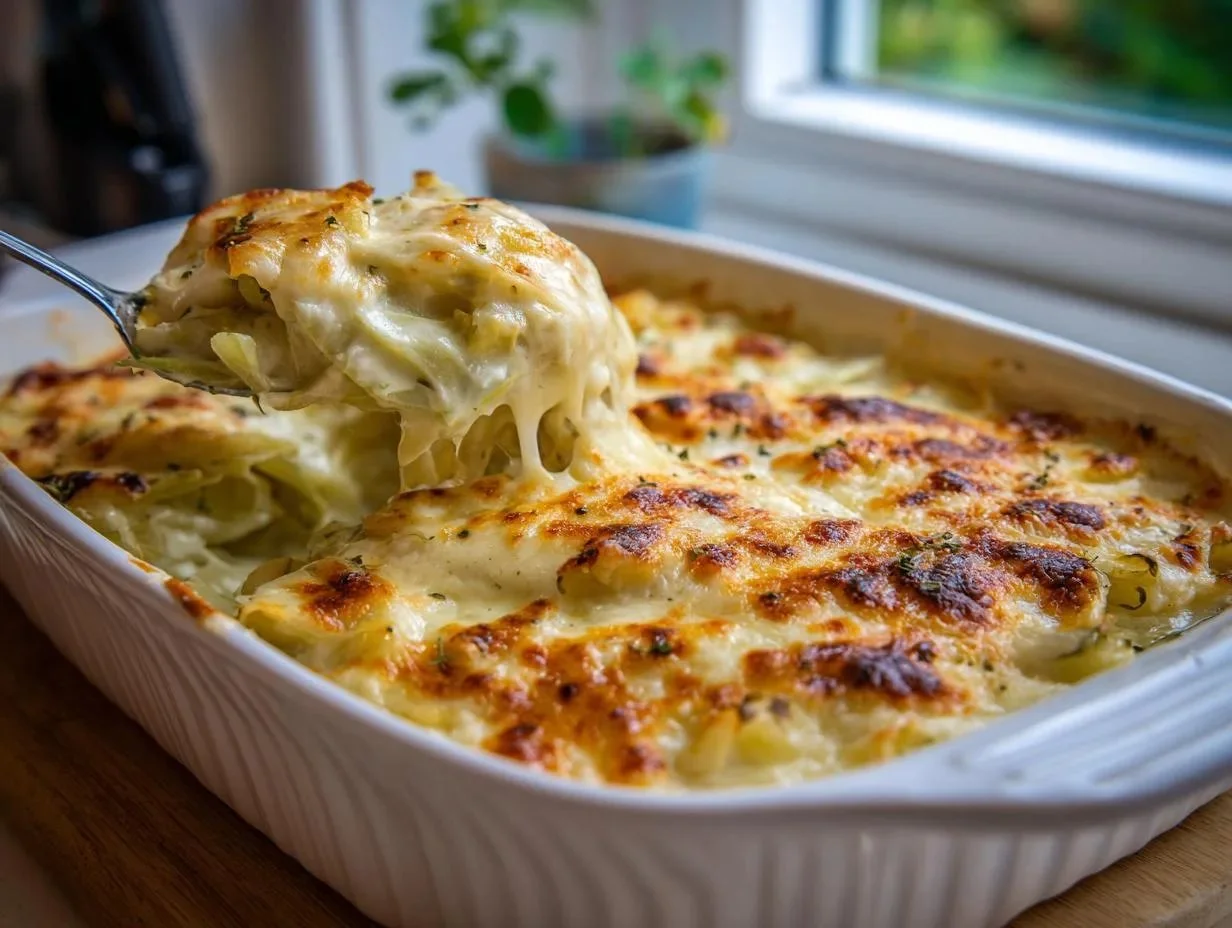 Creamy Chicken Alfredo Cabbage Bake with low carbs and rich flavors