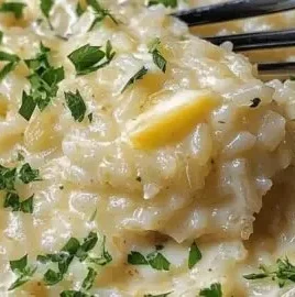 Bowl of creamy Parmesan rice garnished with parsley