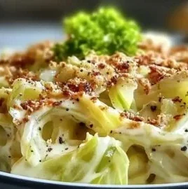 Creamy skillet cabbage alfredo served in a bowl with parmesan cheese
