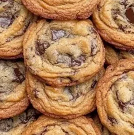 Crispy and chewy chocolate chip cookies stacked on a plate
