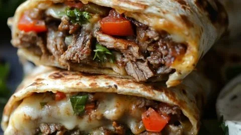 Crispy Philly cheesesteak grilled wraps with melted cheese and steak filling