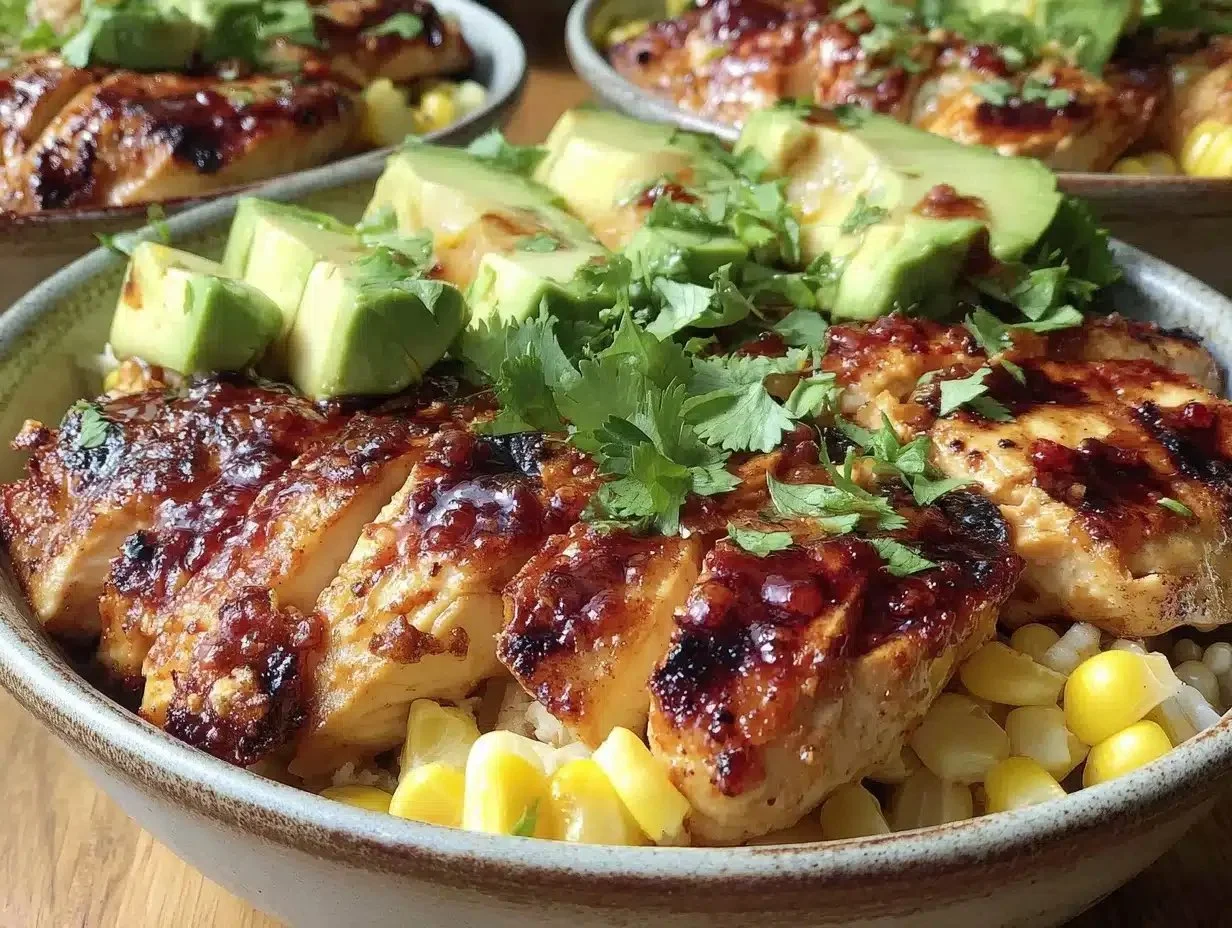 Easy summer meal prep grilled chicken bowls with avocado and corn