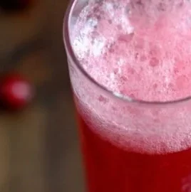Bottle of homemade fermented cranberry soda with bubbles and fresh cranberries