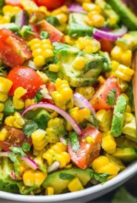 Delicious fresh corn salad with colorful vegetables and dressing