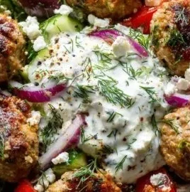 Delicious Greek Turkey Meatball Bowls served with fresh vegetables and sauce