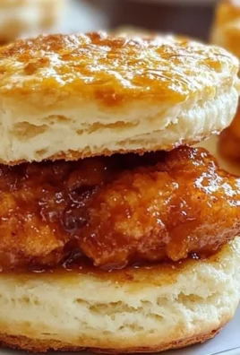 Hot Honey Chicken Biscuits served on a wooden plate with honey drizzle