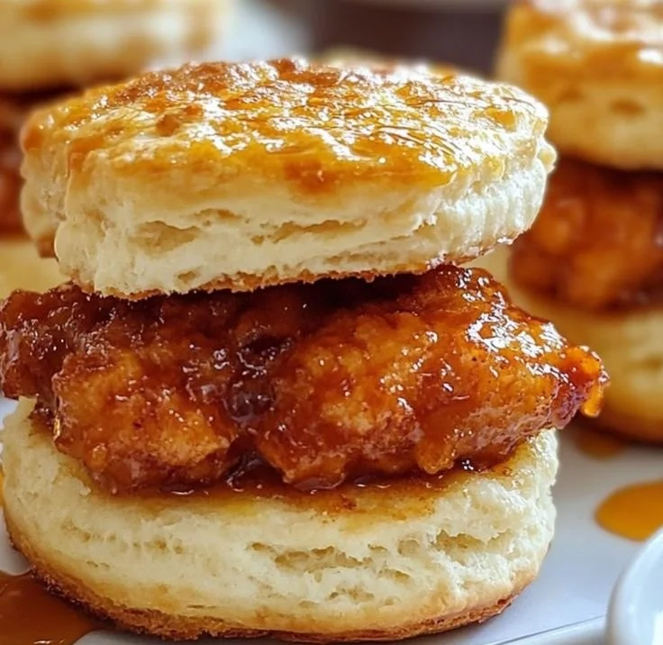 Hot Honey Chicken Biscuits served on a wooden plate with honey drizzle