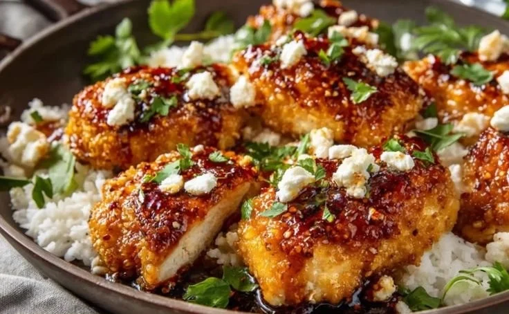 Hot honey feta chicken served on a plate with garnishes