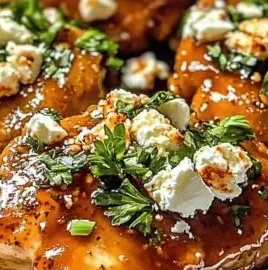 Dish of hot honey feta chicken garnished with herbs and spices