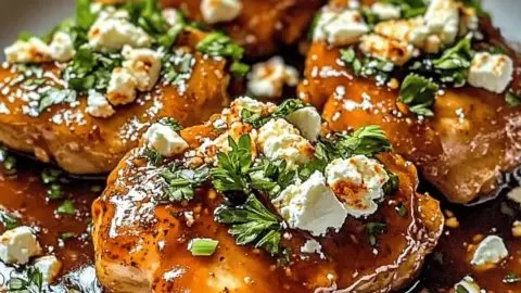 Dish of hot honey feta chicken garnished with herbs and spices
