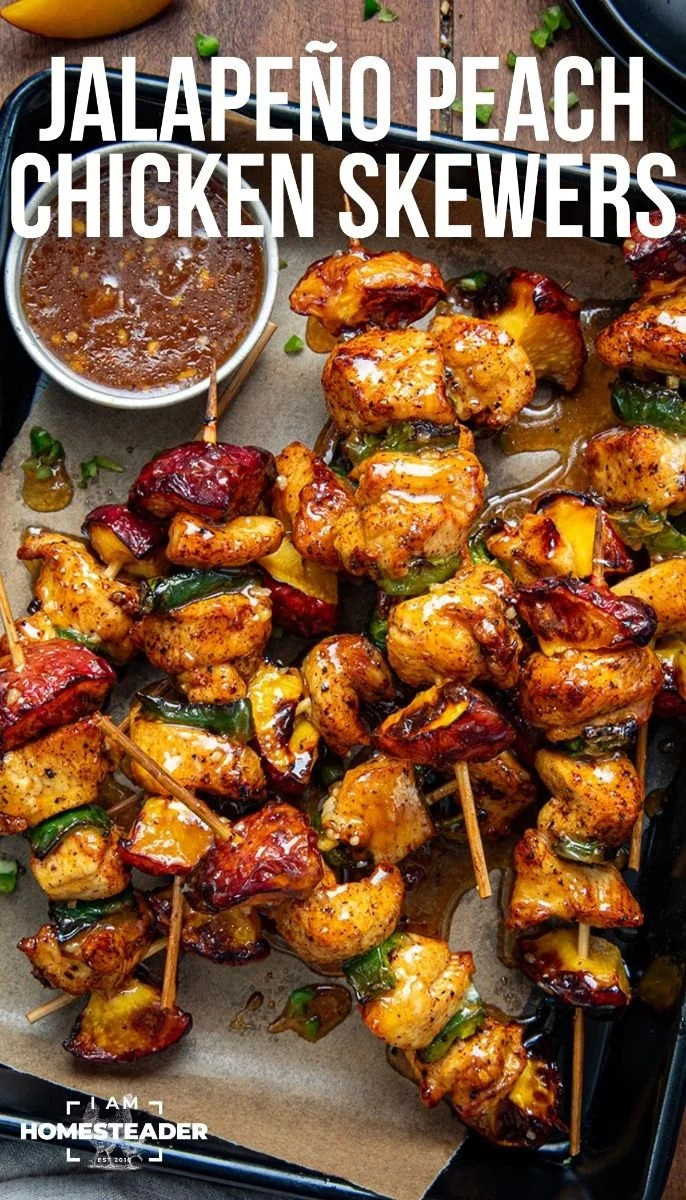 Jalapeno peach chicken skewers served on a grill platter