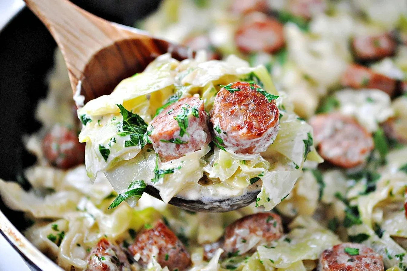 Keto Cajun Sausage Cabbage Alfredo served in a bowl with fresh herbs
