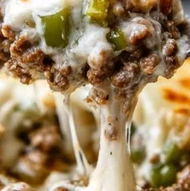 Low Carb Philly Cheesesteak Casserole baked with cheese and peppers