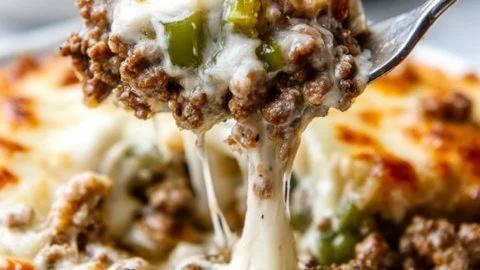 Low Carb Philly Cheesesteak Casserole baked with cheese and peppers