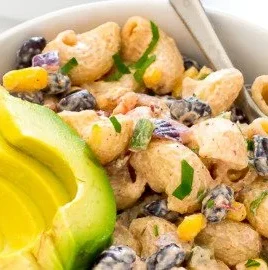 Colorful Mexican Pasta Salad with tomatoes, corn, and black beans