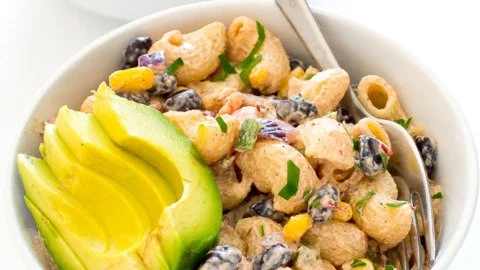 Colorful Mexican Pasta Salad with tomatoes, corn, and black beans