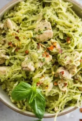 Delicious pesto spaghetti squash with chicken garnished with fresh basil