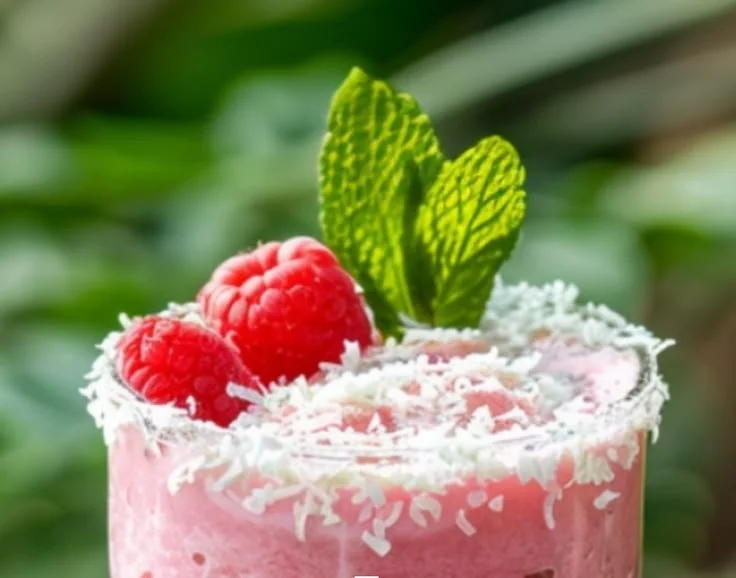Raspberry Coconut Mojito cocktail garnished with fresh mint and raspberries.