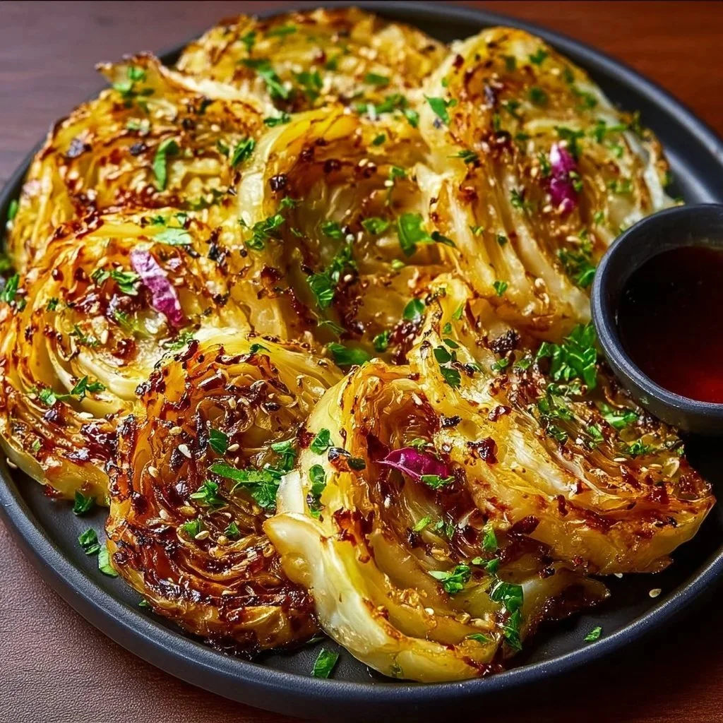 Plate of roasted cabbage steaks seasoned with herbs and spices