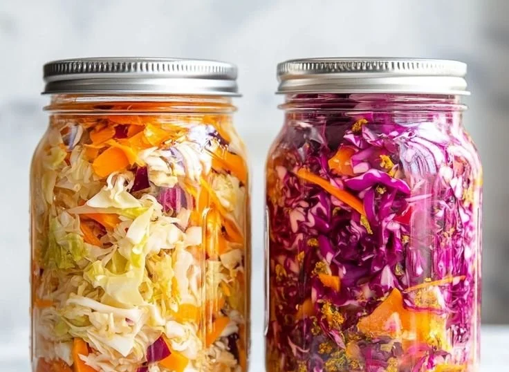 Bowl of homemade sauerkraut with tomatoes and spices, showcasing its texture and color.