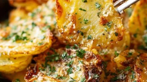 Delicious sliced baked potatoes served on a plate