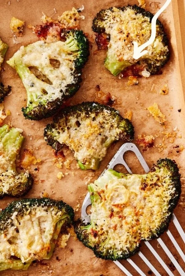 Smashed Parmesan Broccoli with a crispy cheese topping