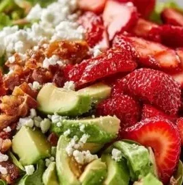 Delicious Strawberry Crunch Salad with fresh strawberries and crunchy toppings