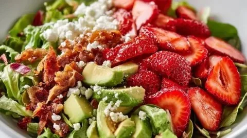 Delicious Strawberry Crunch Salad with fresh strawberries and crunchy toppings