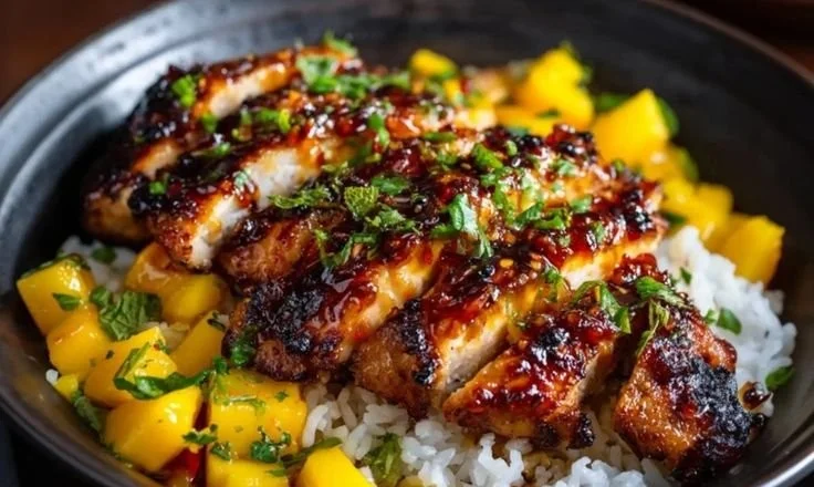 Delicious mango glazed chicken twists served with vibrant garnishes
