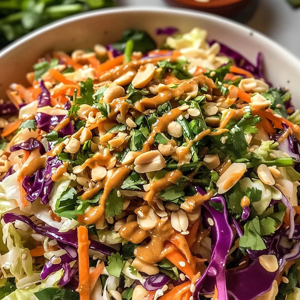 Thai Crunch Salad with peanut ginger sauce in a bowl