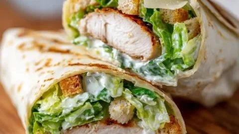 Delicious Chicken Caesar Wraps with crispy chicken and creamy dressing
