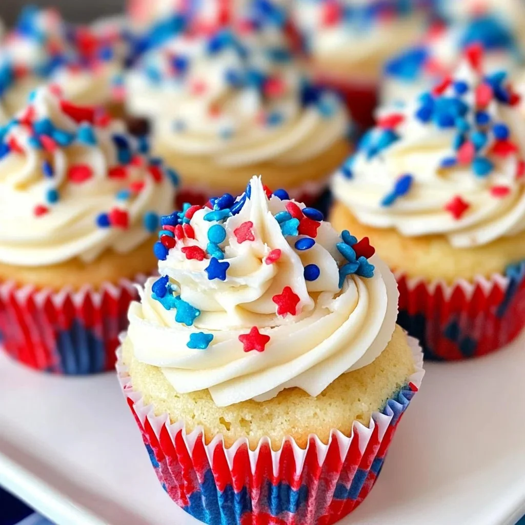 4th of July mini cupcakes decorated in red, white, and blue