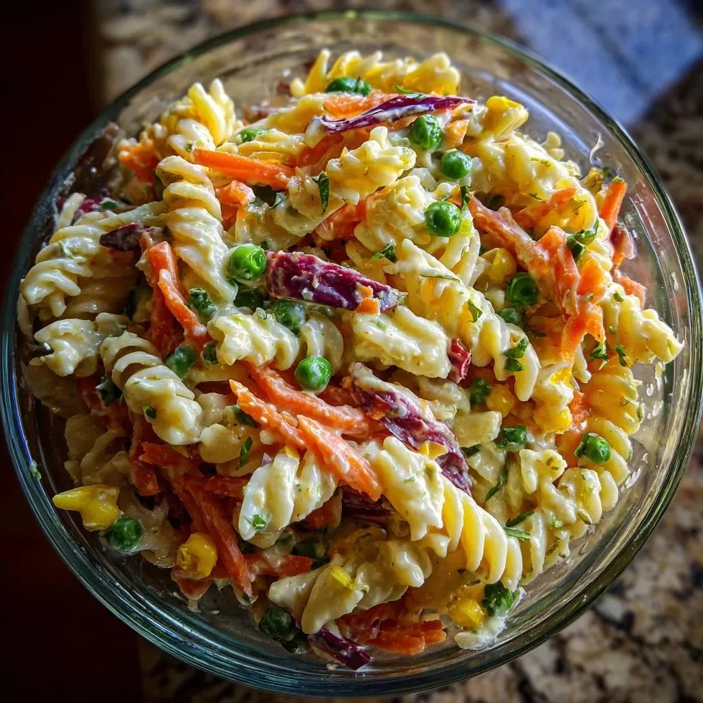 Delicious crack pasta salad in a bowl garnished with herbs