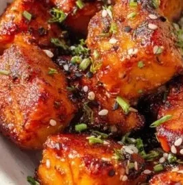 Air Fryer Honey Garlic Salmon Bites ready to serve, delicious and flavorful.