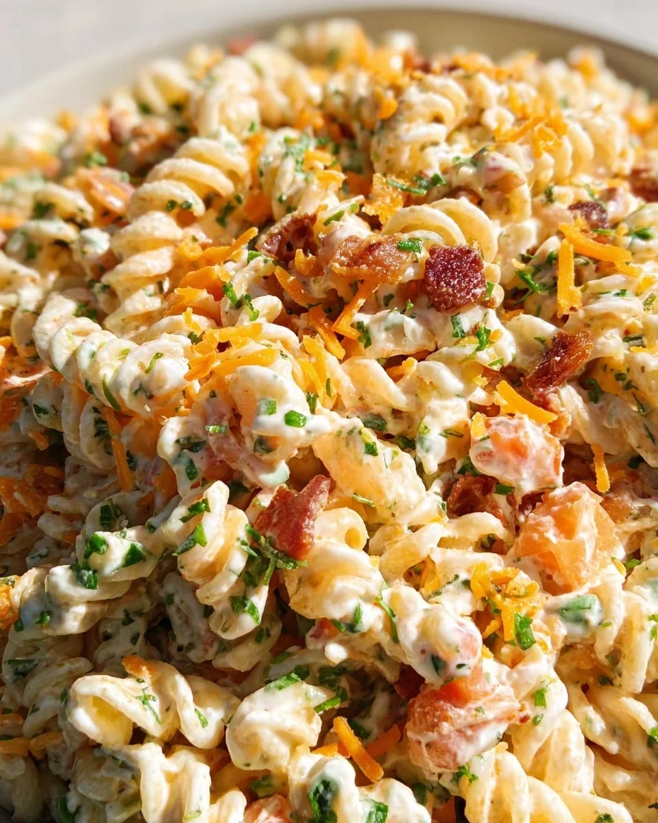Bacon Ranch Pasta Salad with crispy bacon and fresh ingredients