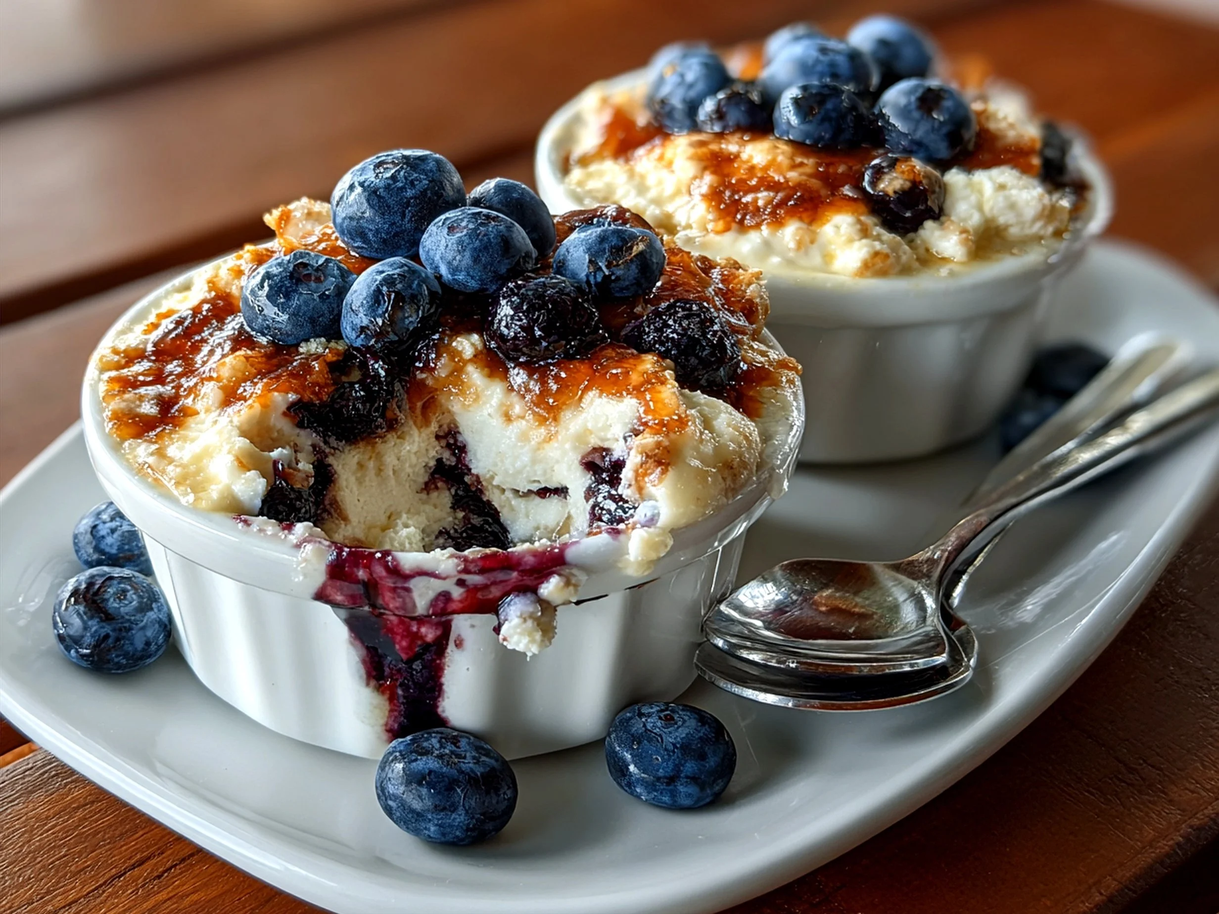 Baked blueberry cottage cheese bowls topped with fresh blueberries and almonds