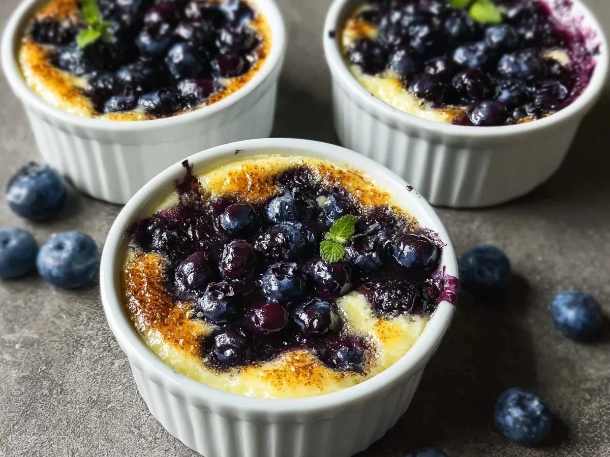 Baked blueberry cottage cheese breakfast dish topped with fresh blueberries