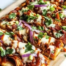 BBQ Chicken Flatbread pizza topped with cheese and BBQ sauce