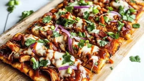 BBQ Chicken Flatbread pizza topped with cheese and BBQ sauce