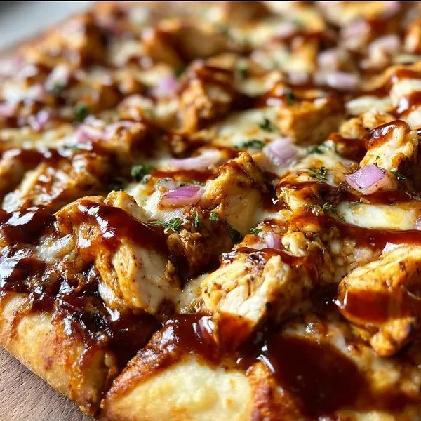 BBQ Chicken Pizza topped with chicken, barbecue sauce, and fresh vegetables