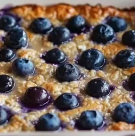 Blueberry cottage cheese breakfast bake topped with fresh blueberries
